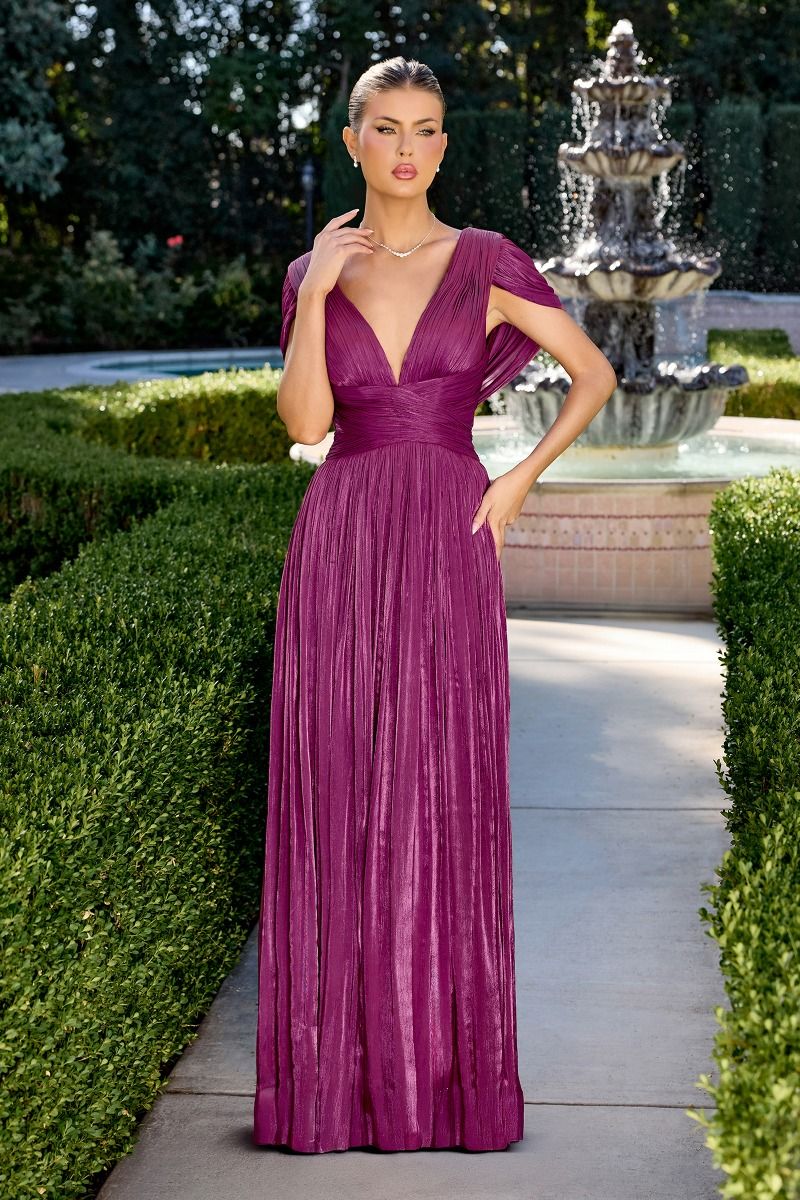 A-Line Dress In Shimmering Pleated Chiffon, Soft Draped Bodice With Deep V-Neck