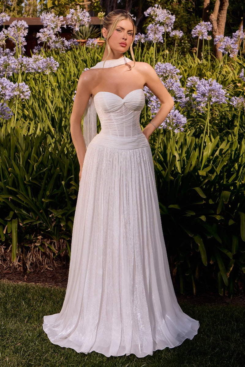 Elegant Shimmering A-Line Gown With Detachable Neck Scarf & Ruched Sweetheart Bodice