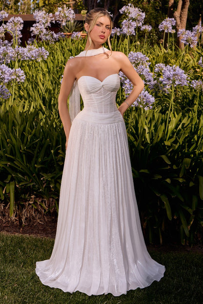 Elegant Shimmering A-Line Gown With Detachable Neck Scarf & Ruched Sweetheart Bodice