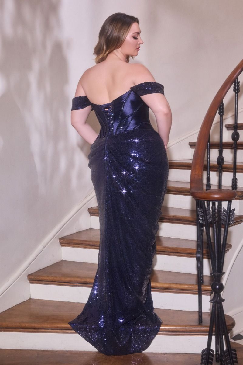Off-The-Shoulder Fitted Dress Satin Corset Bodice Sequin Draped Skirt Lace-Up Back