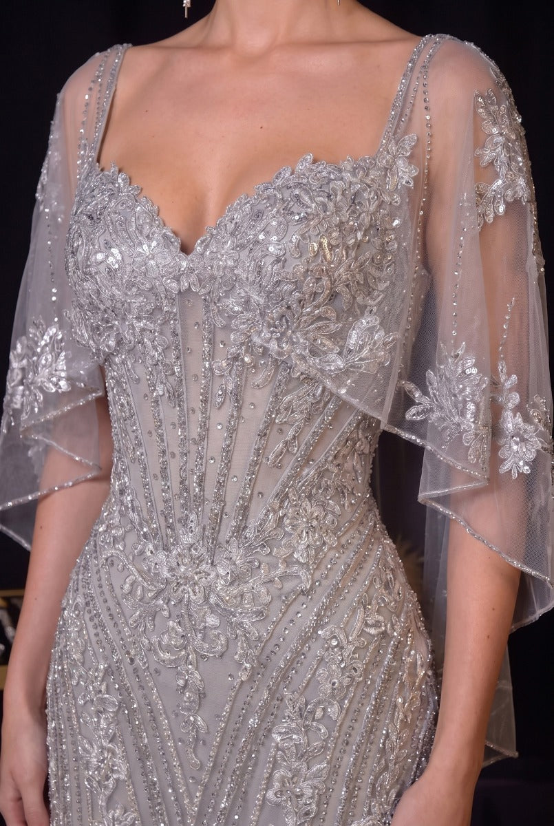 Fitted Metallic Lace Dress With Cape