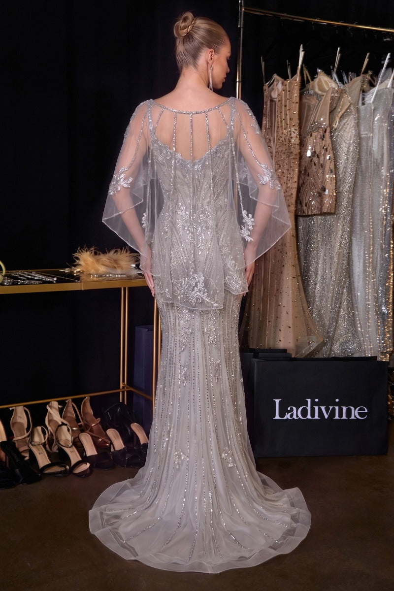 Fitted Metallic Lace Dress With Cape