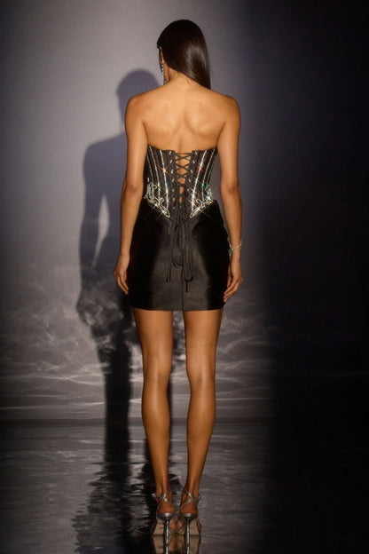 Sparkling Sweetheart Crystal Corset Mini Dress - Satin Skirt & Lace-Up Back For Homecoming & Cocktail