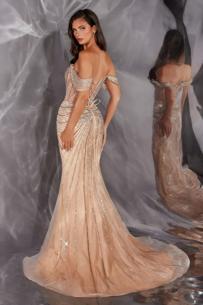 Radiant Crystal Beaded Mermaid Gown | Off-Shoulder Illusion Corset Back Formal Dress
