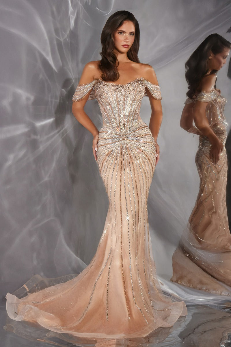 Radiant Crystal Beaded Mermaid Gown | Off-Shoulder Illusion Corset Back Formal Dress