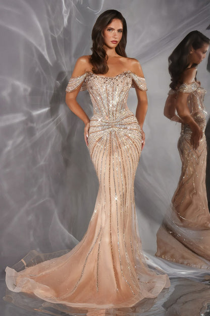 Radiant Crystal Beaded Mermaid Gown | Off-Shoulder Illusion Corset Back Formal Dress