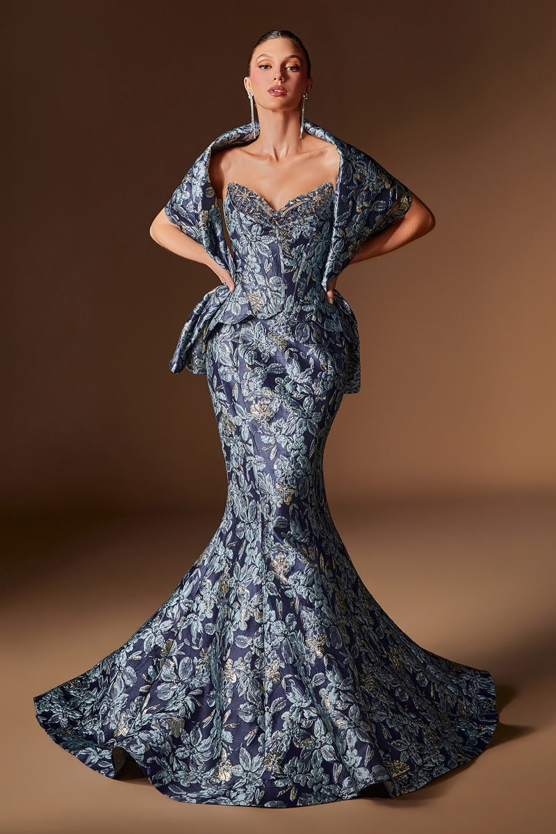 Elegant Floral Jacquard Mermaid Gown Sweetheart Corset & Matching Shawl