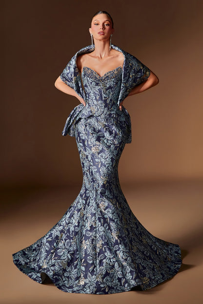 Elegant Floral Jacquard Mermaid Gown Sweetheart Corset & Matching Shawl
