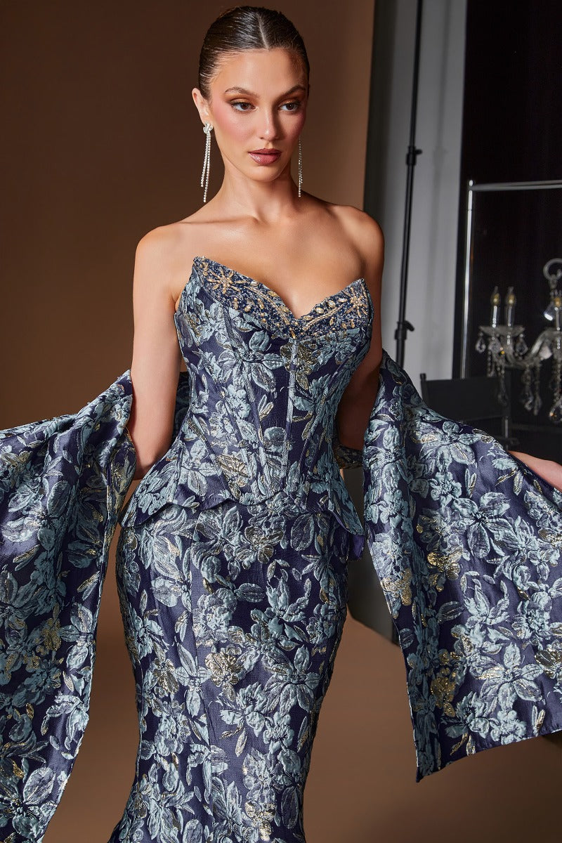 Elegant Floral Jacquard Mermaid Gown Sweetheart Corset & Matching Shawl