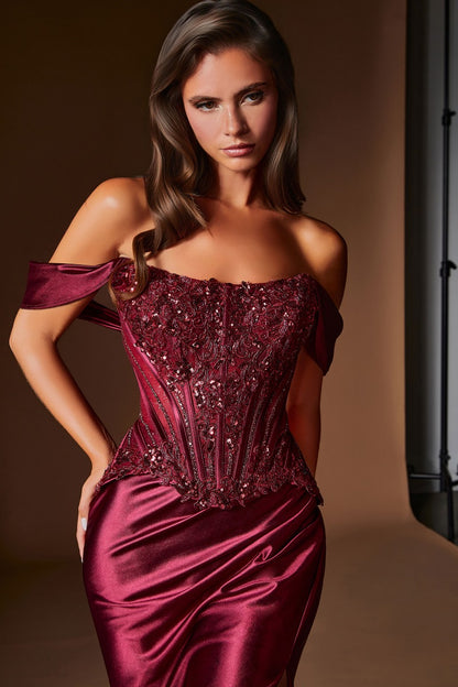 Off The Shoulder Satin & Lace Fitted Dress