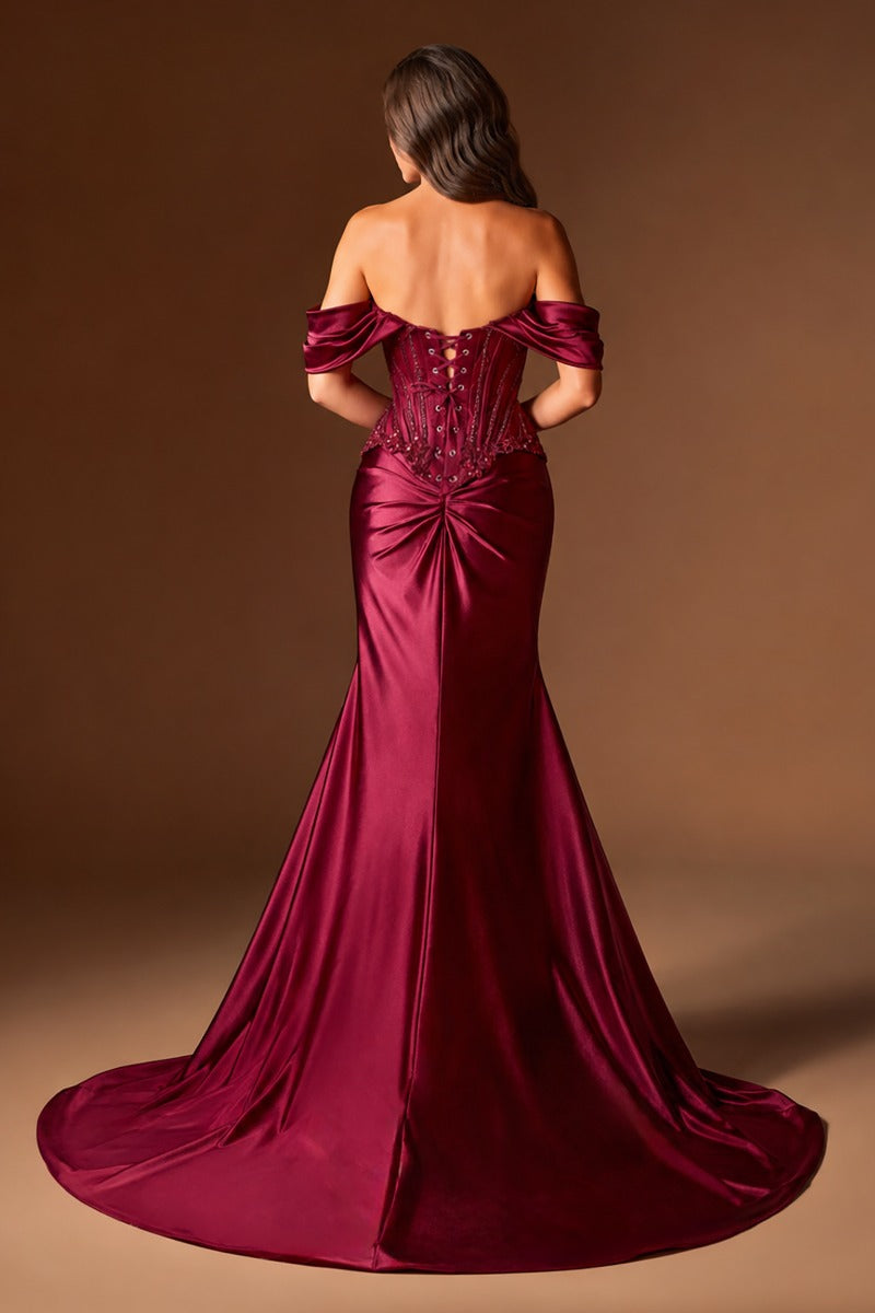 Off The Shoulder Satin & Lace Fitted Dress