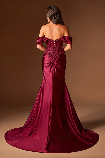 Off The Shoulder Satin & Lace Fitted Dress
