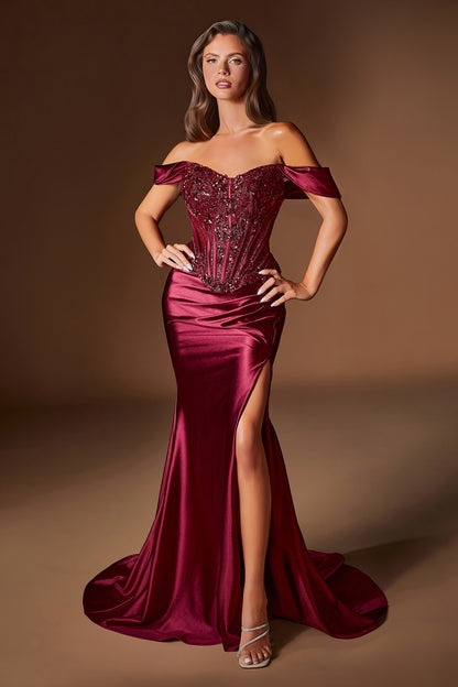 Off The Shoulder Satin & Lace Fitted Dress