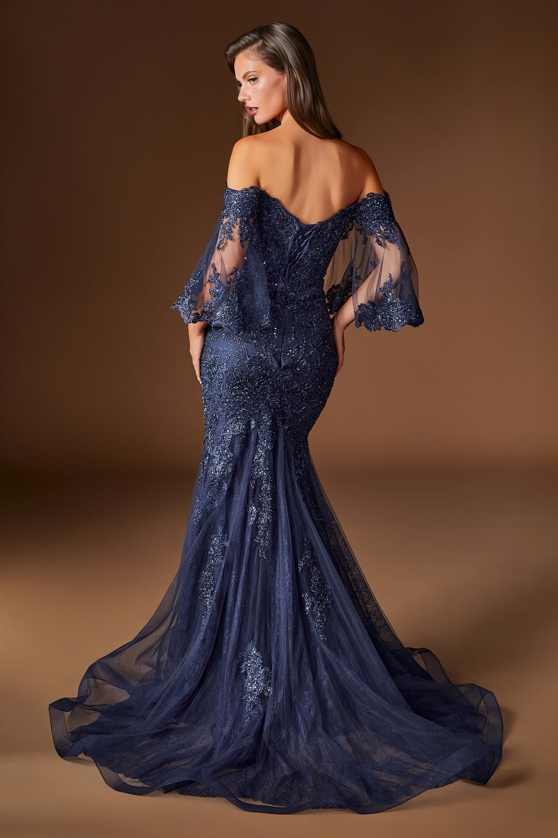 Fitted Lace Mermaid Gown With Bell Sleeves
