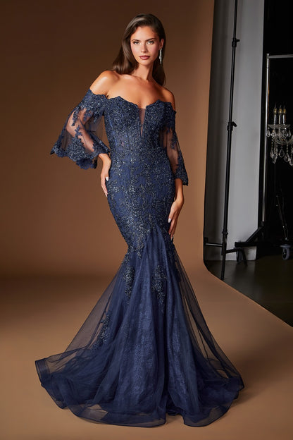 Fitted Lace Mermaid Gown With Bell Sleeves