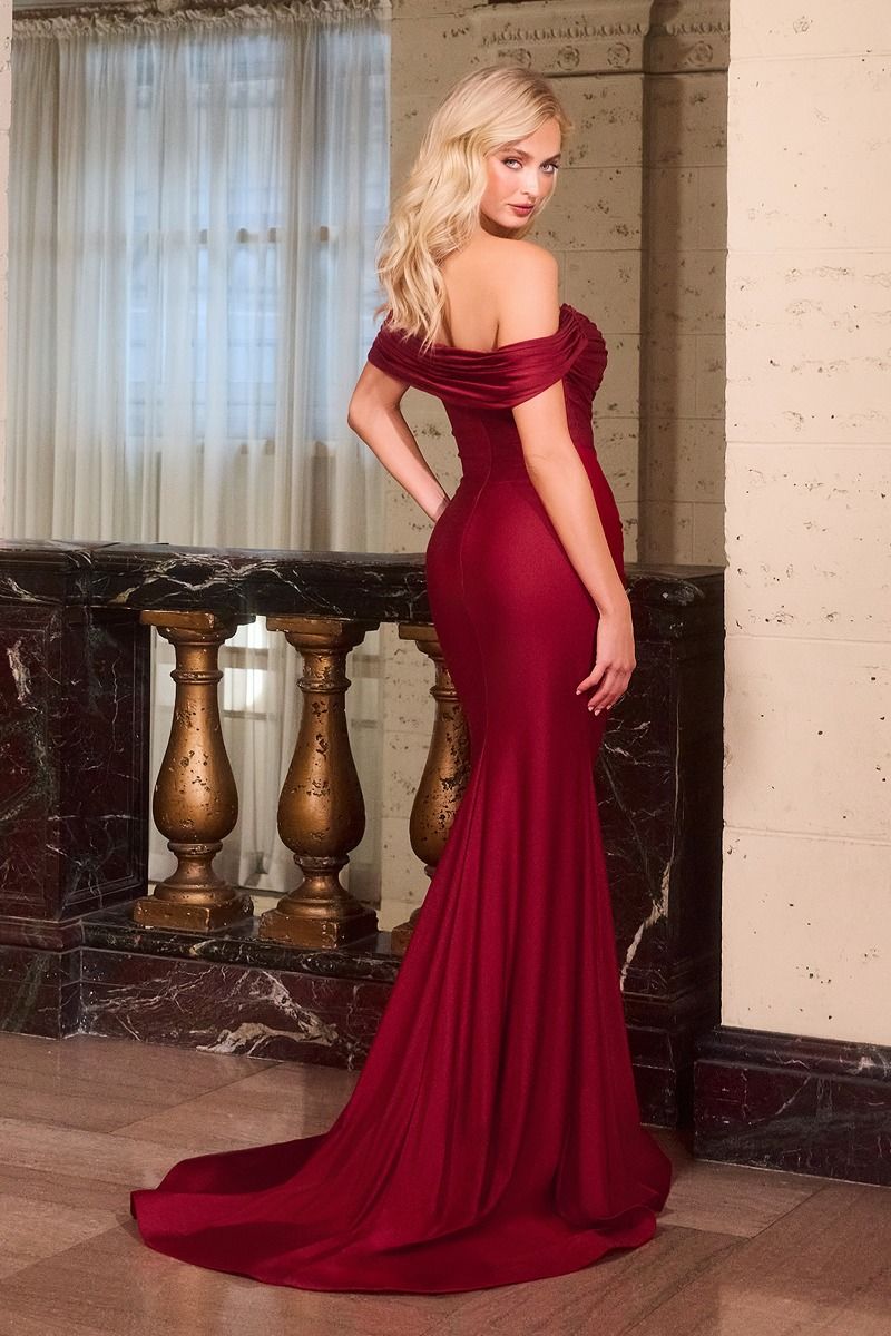 Fitted Dress Off-The-Shoulder Crystal Embellished Ruched Bodice Stretch Satin Train