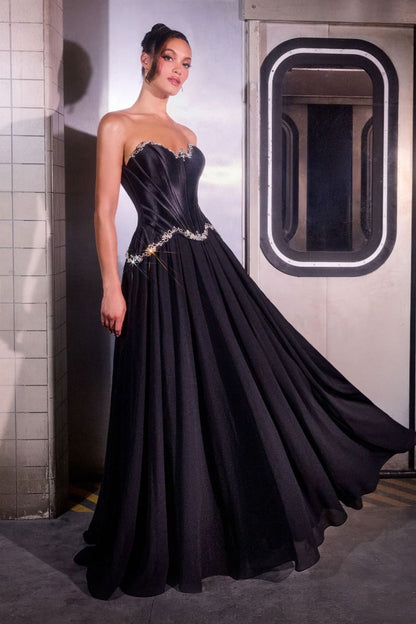 Ball Gown Strapless Satin Corset Crystal Embellished Bodice Chiffon Skirt