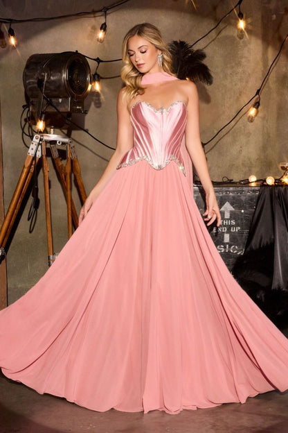 Ball Gown Strapless Satin Corset Crystal Embellished Bodice Chiffon Skirt