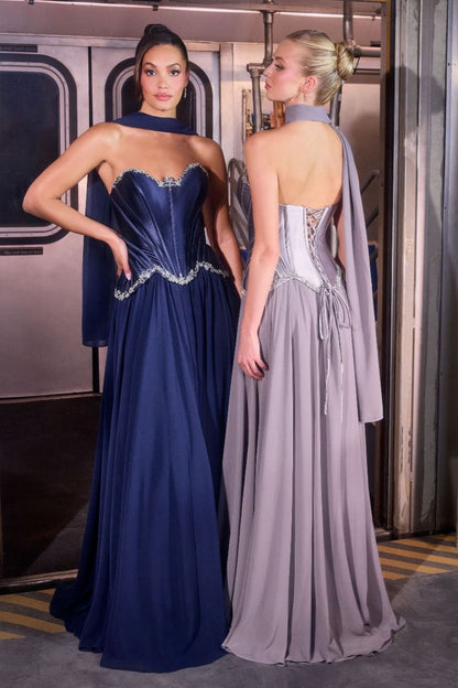 Ball Gown Strapless Satin Corset Crystal Embellished Bodice Chiffon Skirt