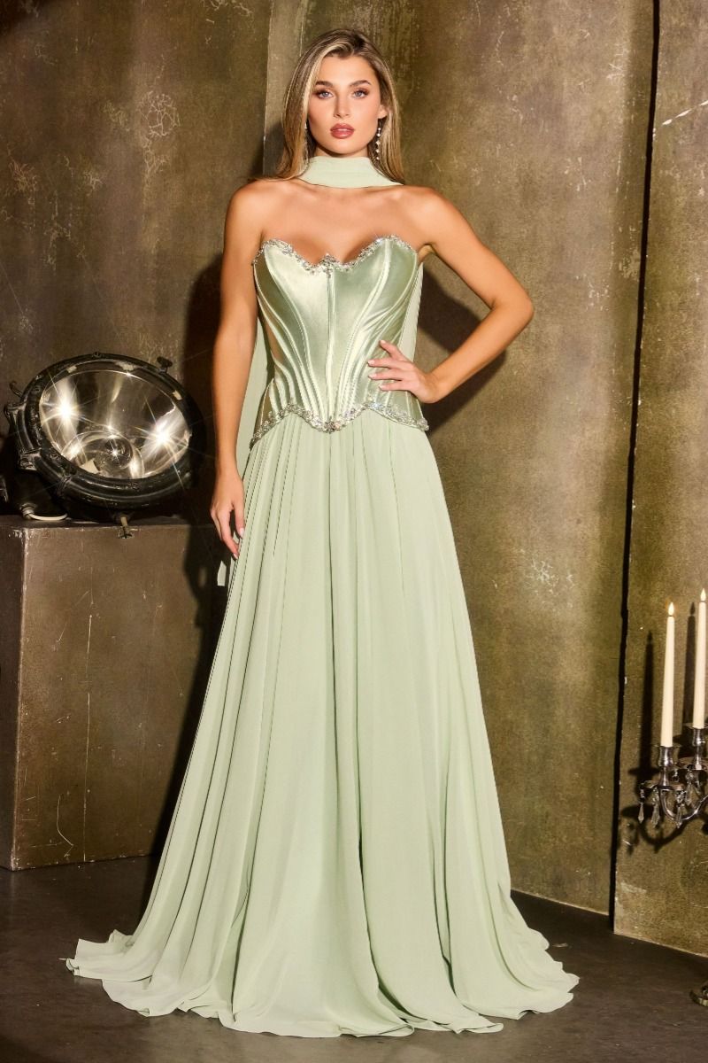 Ball Gown Strapless Satin Corset Crystal Embellished Bodice Chiffon Skirt