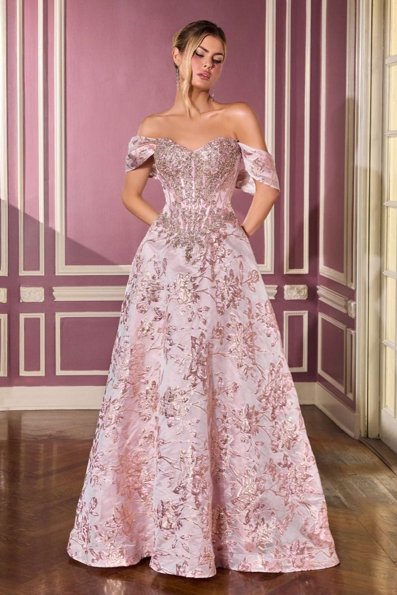 Ball Gown Off-The-Shoulder Beaded Crystal Corset Metallic Floral Jacquard Skirt