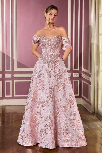 Ball Gown Off-The-Shoulder Beaded Crystal Corset Metallic Floral Jacquard Skirt
