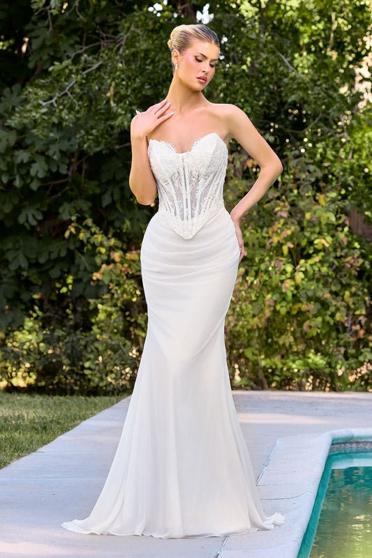 Fitted Bridal Gown a Strapless Sweetheart Neckline and a Detailed Lace Corset Bodice