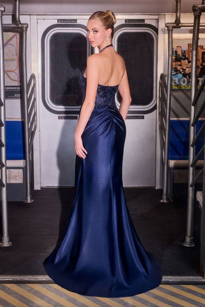 Fitted Satin & Lace Embellished Gown