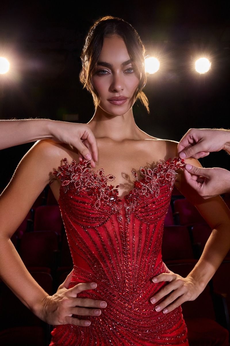 Mermaid Strapless Dress Sheer Illusion Beaded Corset Bodice Lace-Up Back