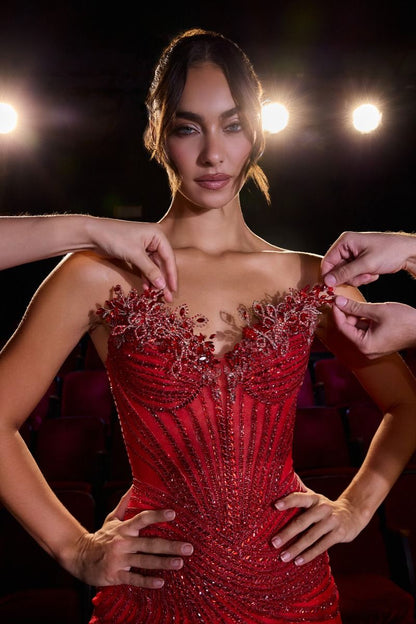 Mermaid Strapless Dress Sheer Illusion Beaded Corset Bodice Lace-Up Back