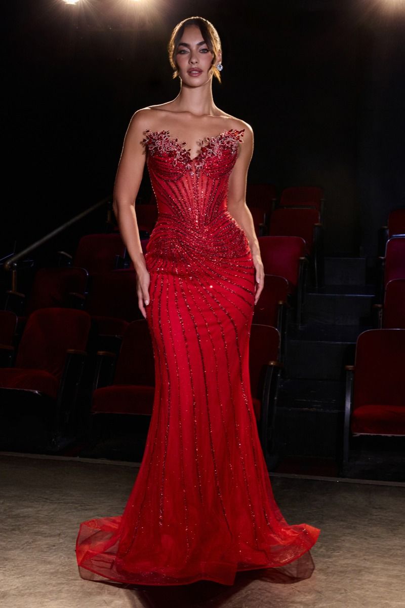 Mermaid Strapless Dress Sheer Illusion Beaded Corset Bodice Lace-Up Back