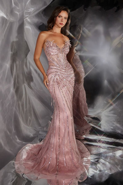 Mermaid Strapless Dress Sheer Illusion Beaded Corset Bodice Lace-Up Back