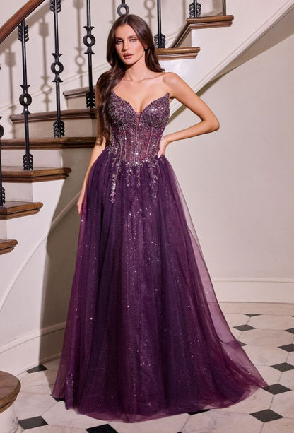 Strapless Crystal Corset A-Line Glitter Tulle Gown
