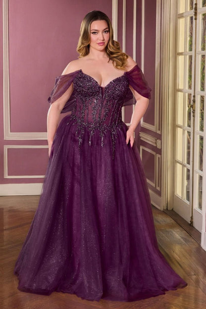 Off-Shoulder Beaded Corset A-Line Glitter Tulle Gown