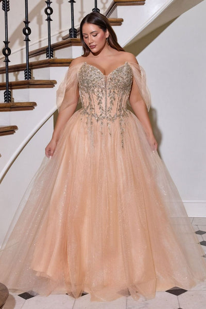 Off-Shoulder Beaded Corset A-Line Glitter Tulle Gown