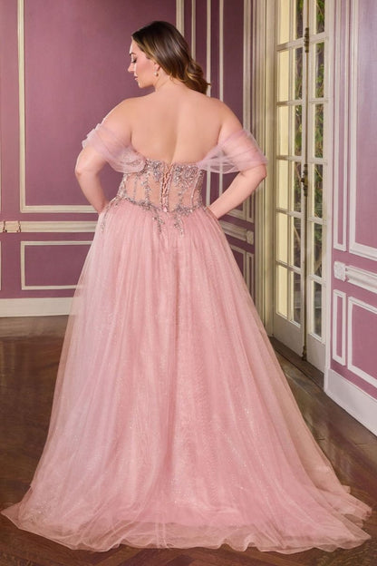 Off-Shoulder Beaded Corset A-Line Glitter Tulle Gown