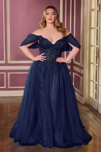 Off-Shoulder Beaded Corset A-Line Glitter Tulle Gown