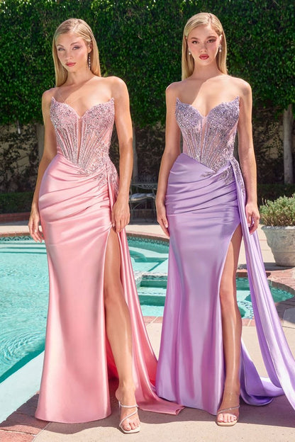 Fitted Strapless Lace & Satin Gown