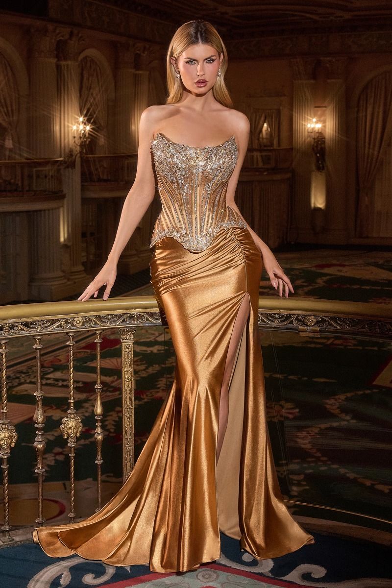 Crystal Strapless Fitted Satin Dress