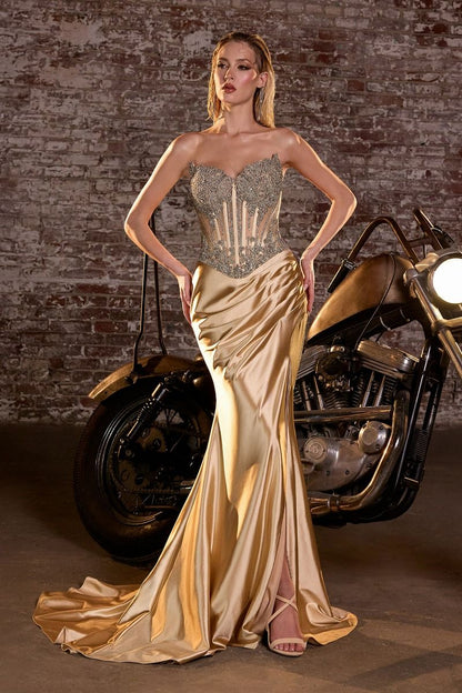 Crystal Strapless Fitted Satin Dress