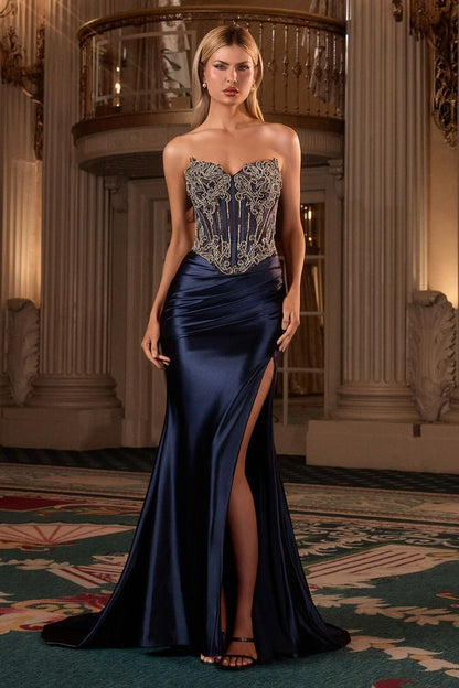 Crystal Strapless Fitted Satin Dress