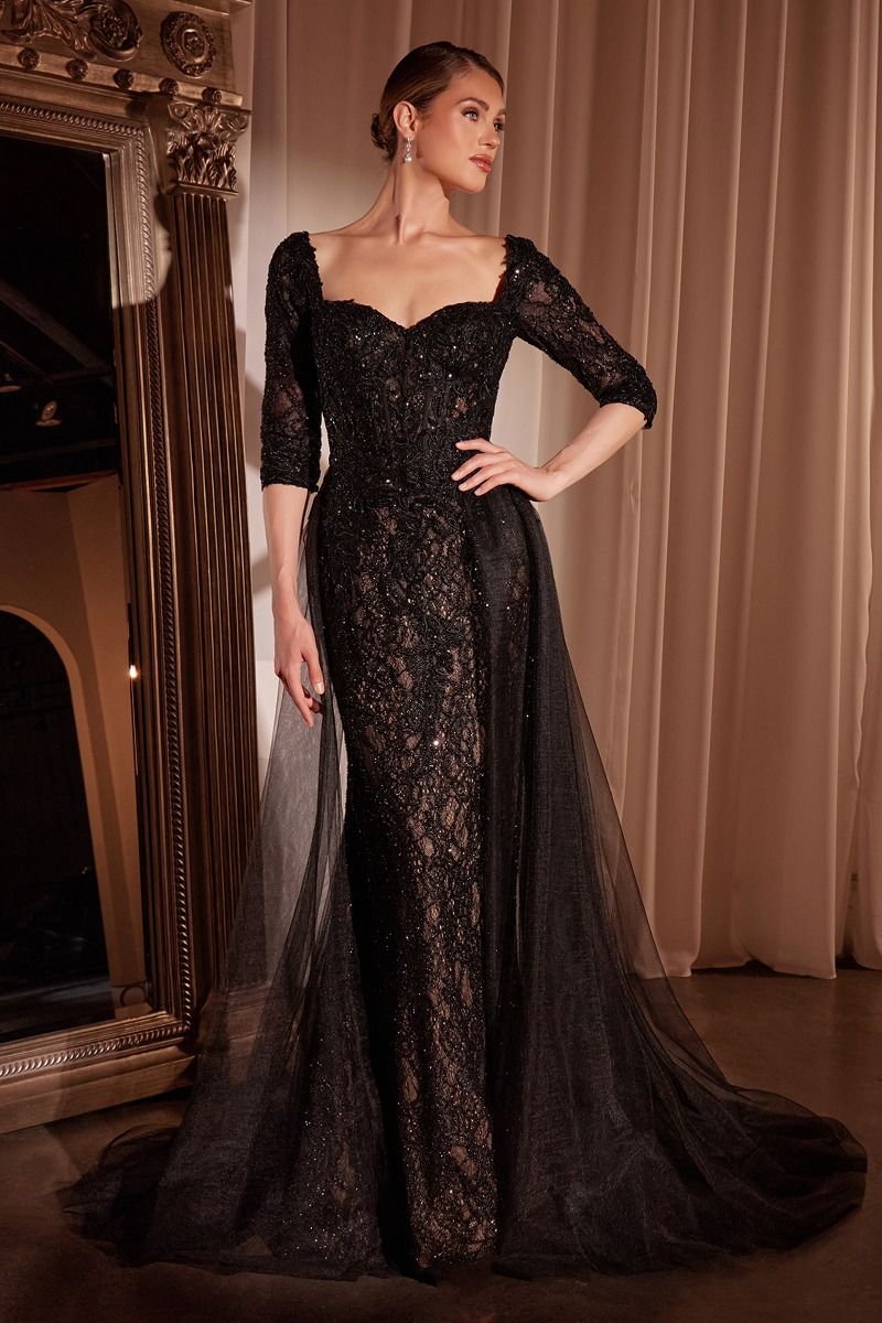 Long-Sleeve Long Lace Formal Dress with Overskirt Black Nude / 14