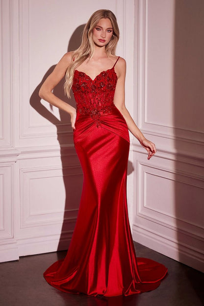 Fitted Satin & Lace Embellished Gown