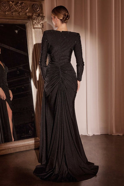 Long Sleeve Stretch Satin Embellished Gown