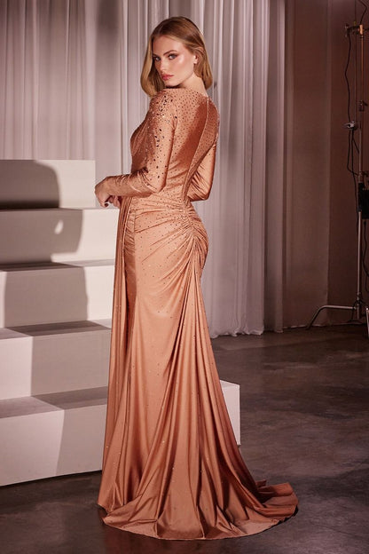 Long Sleeve Stretch Satin Embellished Gown