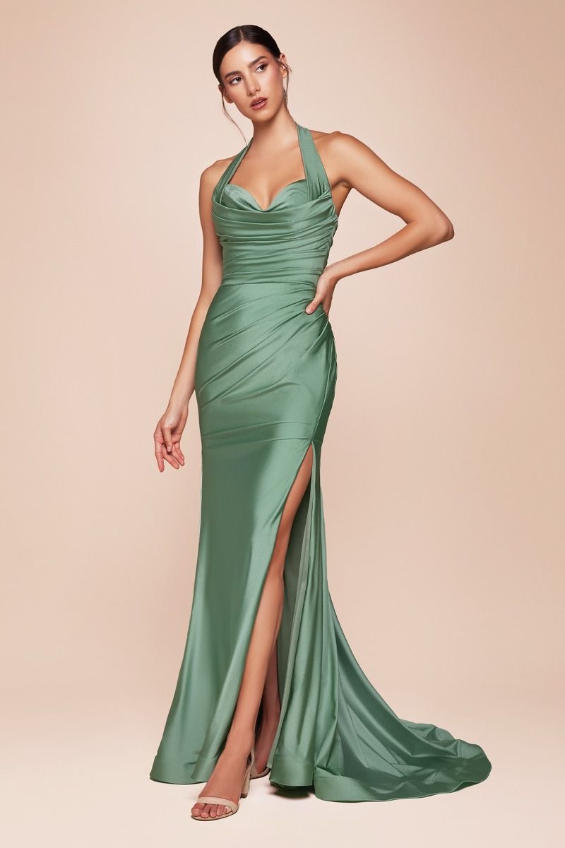 Autumn Gown - Stretch Satin Halter Fitted Dress | Lady Black Tie Greenery / 8 Autumn Gown - Stretch Satin Halter Fitted Dress | Lady Black Tie Greenery / 8