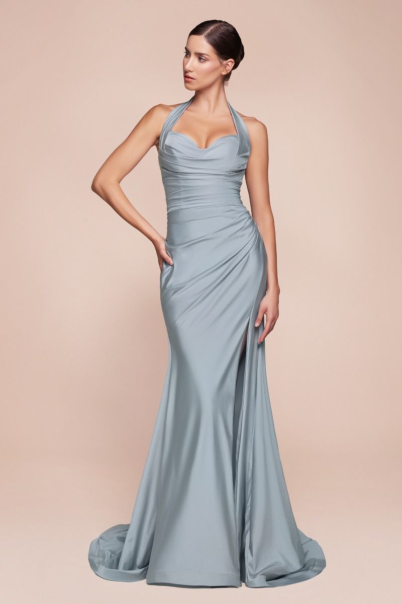 Stetch Satin Halter Fitted Dress