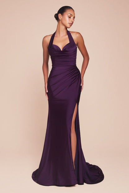 Stetch Satin Halter Fitted Dress