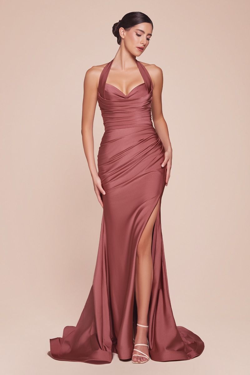 Stetch Satin Halter Fitted Dress