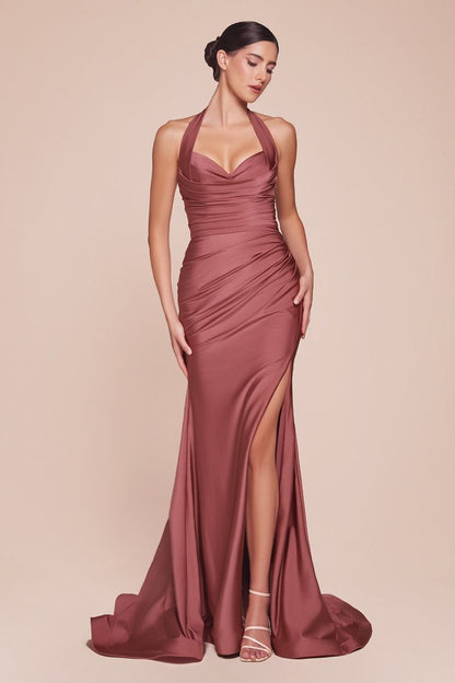 Stetch Satin Halter Fitted Dress